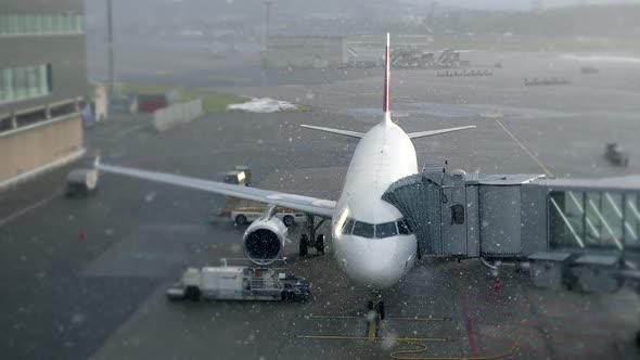 Aircraft Airliner Preparing for Flight During Snow Fall
