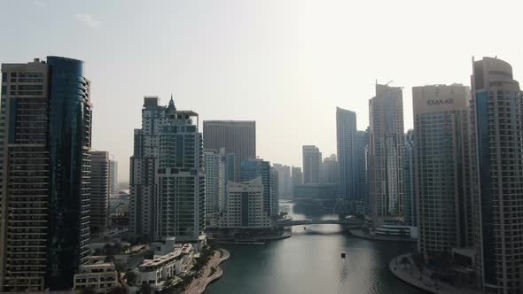 Drone View on Dubai Creek with Boats Bug Modern Skyscrapers Dubai UAE