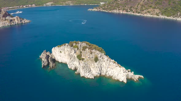 Aerial Top Viw on the Rock Island in the Sea Bay Marmaris Icmeler Turkey