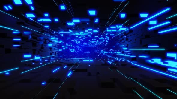 Blue Dark Sci Fi Bg Fly Through Tech Digital Space Like in Tunnel Neon Light