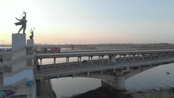 Aerial View of the Metro Bridge. Station Dnipro. Kyiv, Ukraine.