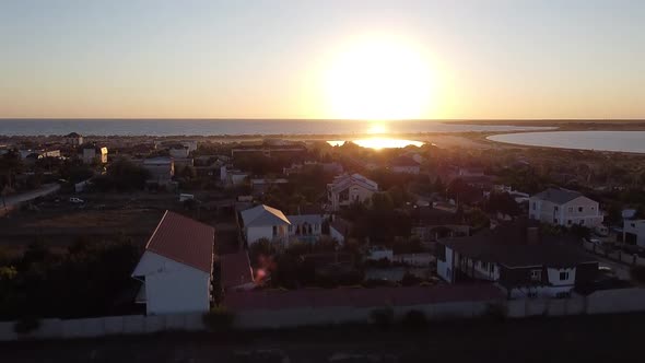 The Camera Takes a Bird's-eye View of the Sunset at Sea. July 15 Crimea, Olenevka