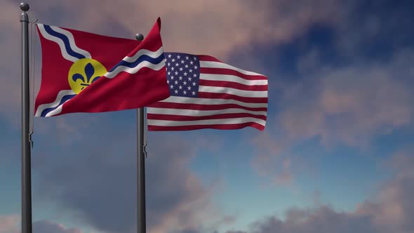 Saint Louis City Flag Waving Along With The National Flag Of The USA - 2K