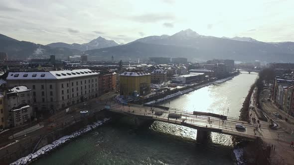 Aerial view of a bridge over Inn River in Innsbruck