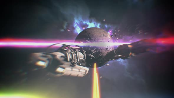 Battleship at war in cosmos. Spaceship attacks space station. Spacecraft explodes. Space battle alt