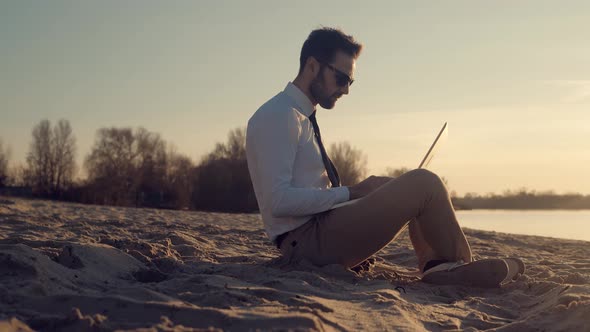 Businessman With Laptop On Beach. Freelancer Internet Online Meeting Webinar. Man Freelance.