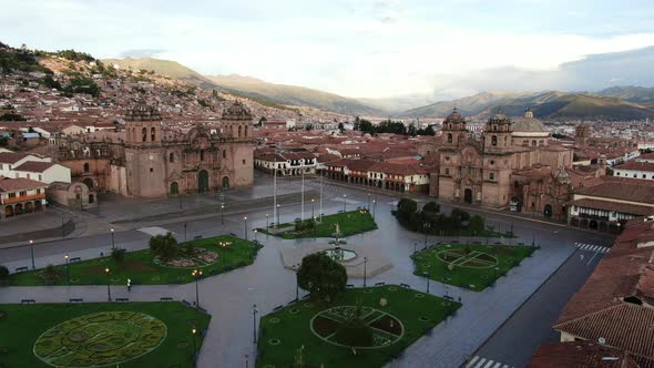 Daytime 4k aerial footage of Plaza de Armas in Cusco City, Peru during Coronavirus quarantine, left