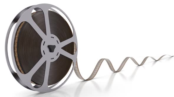 Spinning movie bobbin with film reel isolated on the empty white background