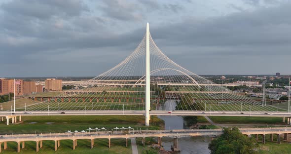 Drone view of the Margaret Hunt Hill Bridge in Dallas, Texas