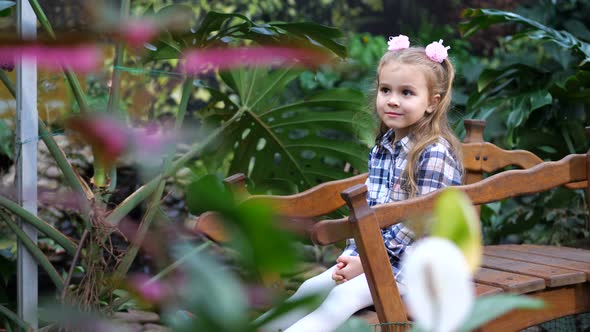 Charming Girl Sitting in the Garden on a Wooden Bridge Smiling Into the Frame