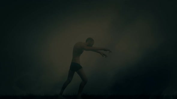 Spooky Zombie Walking At Night Under A Lightning Storm