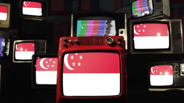 The national flag of Singapore and Vintage TVs.