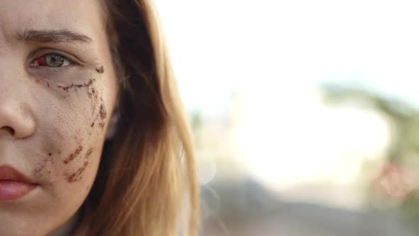 Young Woman Half Portrait with Scar on Her Face. Home Violence Victim. Scared Girl in Despair