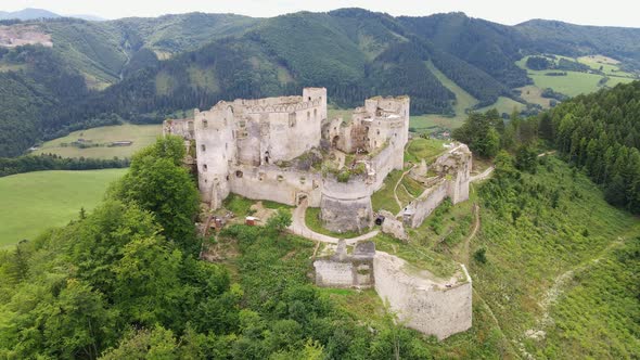 Aerial view of the castle in the village of Lietava in Slovakia