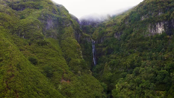Flying Towards the Risco Waterfall in the Madeira Islands Portugal