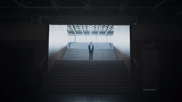 Lonely Schoolboy Posing Standing Empty School Campus Staircase After Classes