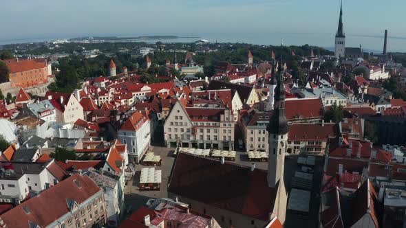 Aerial View of the Medieval Town Hall and Town Hall Square of Tallinn the Capital of Estonia