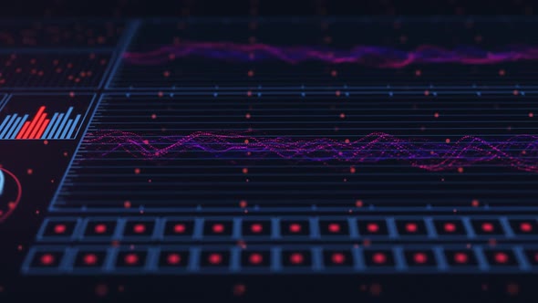 Advanced futuristic graphic interface. Displays abstract diagrams and charts.