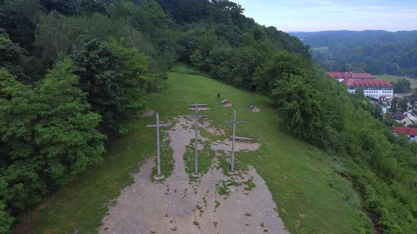 Bird's-eye View of Three Crosses on the Mountain