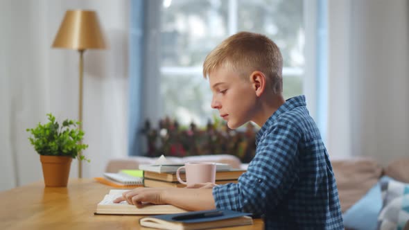 Cute Caucasian Schoolboy Reading and Doing Homework at Home