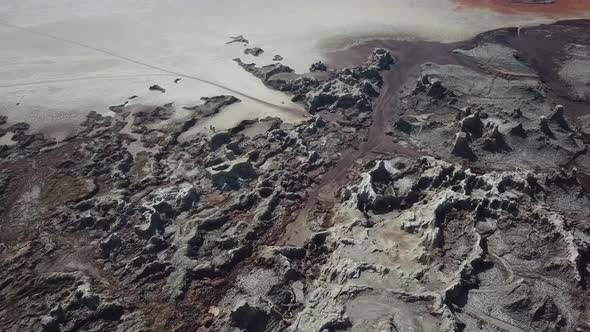 Spectacular volcanic lava field terrain of Dallol volcano. Aerial view of popular travel destination