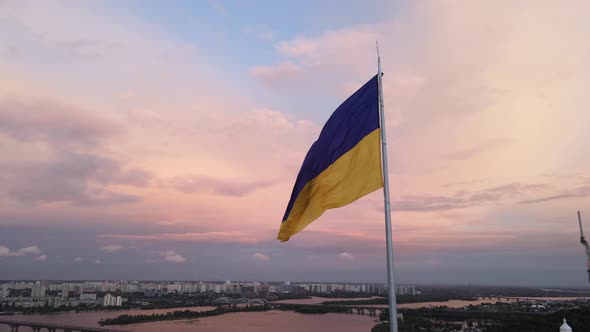 Kyiv - National Flag of Ukraine By Day. Aerial View. Kiev. Slow Motion