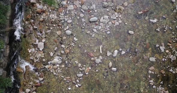 Aerial View of River Flowing Trough Rocks of Mountain in a Summer Sunny Day