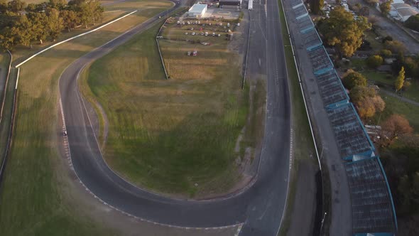 Buenos Aires car racing circuit as seen from drone flying. Aerial pov