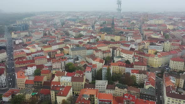 Aerial View of Citycape of Old Town of Prague, with a Lot of Rooftops, Churches, and the Landmark of