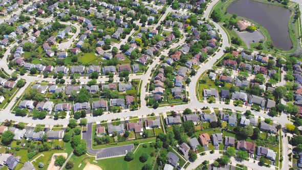 Aerial Flight Over the Houses of the City in America. Settlement in North America. Wonderful