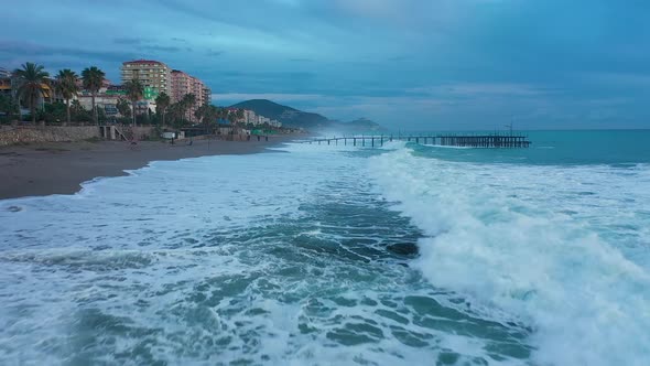 Drone Over the Most Colorful Sea in a Storm In Alanya