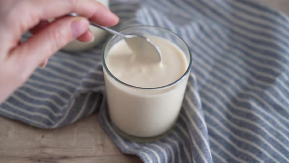 Homemade fermented baked milk. Traditional healthy drink ryazhenka or homemade yogurt