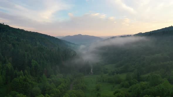 Nature. Fog over the forest in the mountain valley. View from the air. Summer landscape