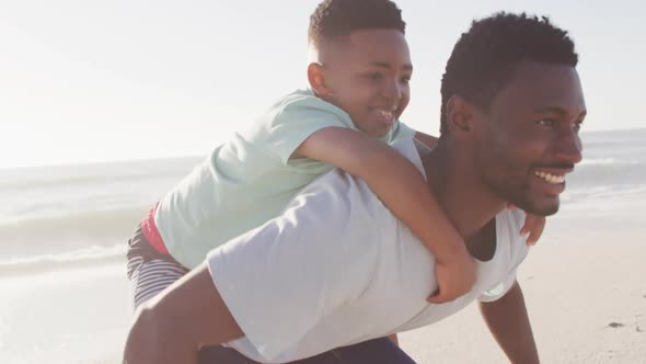 Portrait of smiling african american father carrying son on sunny beach