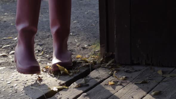 Peoples feet entering wooden rustic barn for shelter