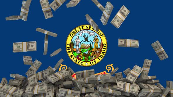 US Dollars falling in front of Idaho State Flag