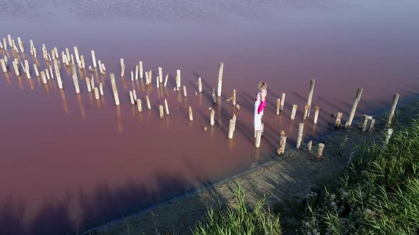 Pink Lake Sasik Sivash Divided By Road in Summer