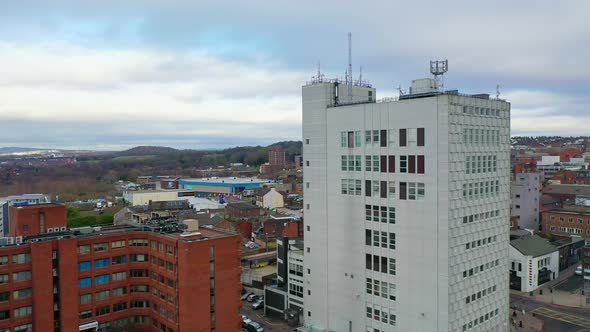 Aerial views of the main town in the potteries Stoke on Trent, Hanley the city centre with high rise