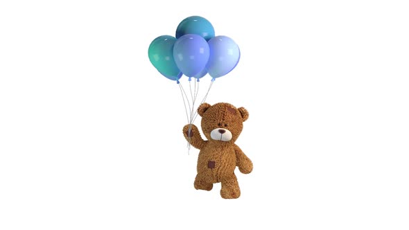 Teddy Bear Happy Walks With Blue Balloons on White Background 