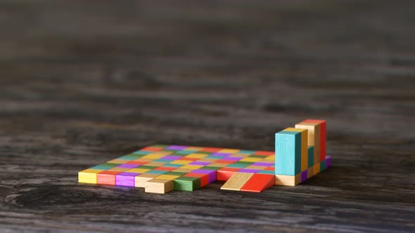 Toy house being built out of wooden blocks timelapse. Construction development.