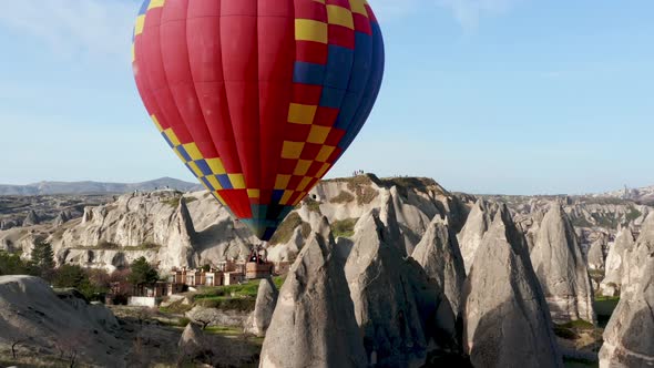 Colourful Red Blue Yellow Colours Hot Air Baloons Aerial Drone Flight. The Great Tourist Attraction