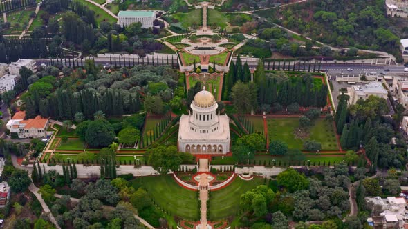 Bahai temple and gardens in Haifa, Israel, 4k aerial drone view