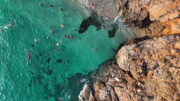 People swim in the azure sea aerial view 4 K Turkey Alanya