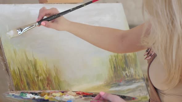 Creating Painting with Oil Paints and Wide Brush, Slow Motion