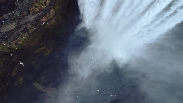 Aerial flight over Skogar waterfall, Iceland