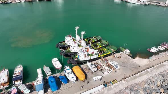 Tugs Boat are in Port Aerial View 4 K