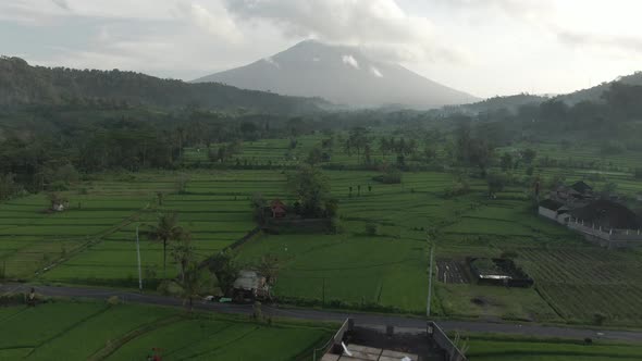 Mount Agung In Sidemen, Bali, Indonesia. Aerial View Of Green Valley With Rice Fields