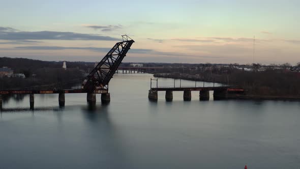 Aerial Orbit Crooked bridge with a beautiful sky in Providence Rhode Island,