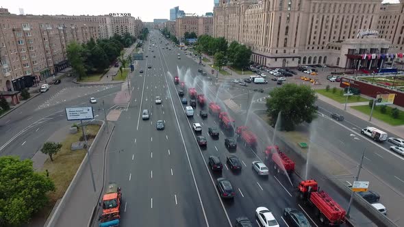 Several Special Watering Machines Lined Up in a Row Water One of the Main Streets of Moscow