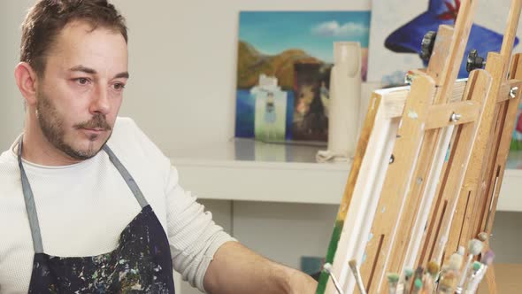 Mature Handsome Male Artist Smiling Talking on the Phone While Painting